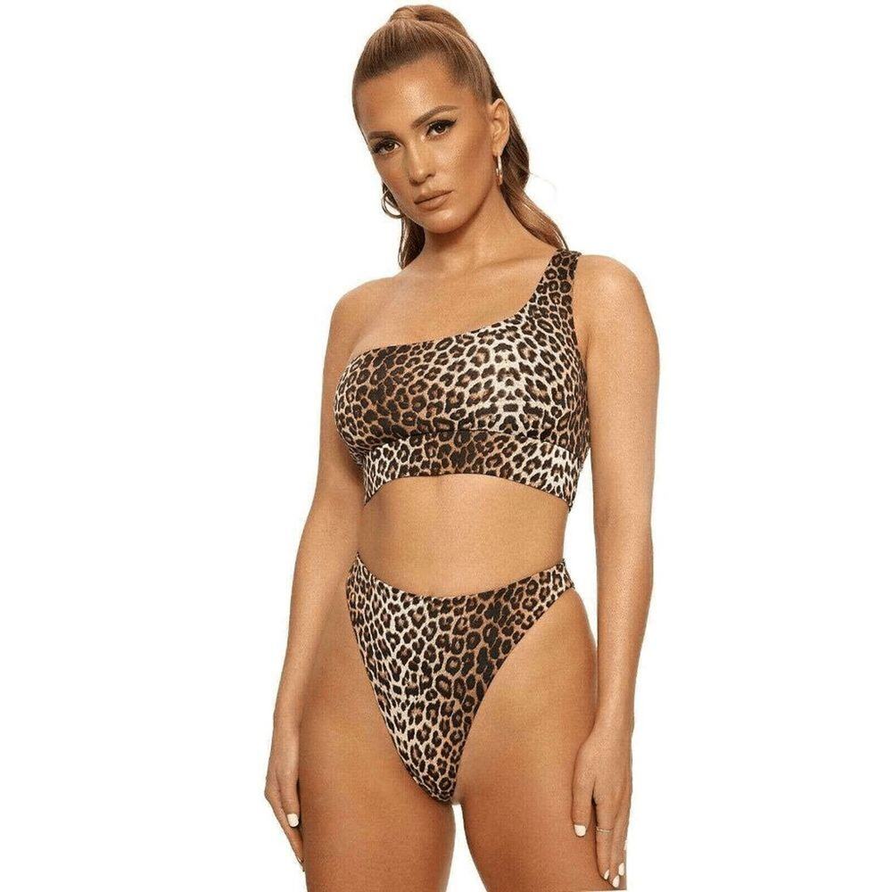 NWT Swim Naked Wardrobe Womens Leopard Print One Shoulder Beach Swim Top Medium